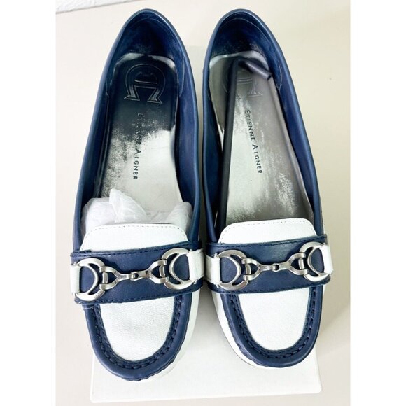 Etienne Aigner Sz 8 Lexi Blue Navy & White Slip-On Buckle Cruise GUC - Picture 2 of 5